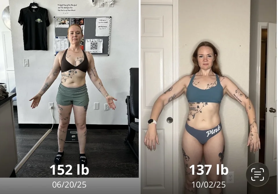 Side-by-side progress photos labeled 152 lb on June 20, 2025 and 137 lb on October 2, 2025