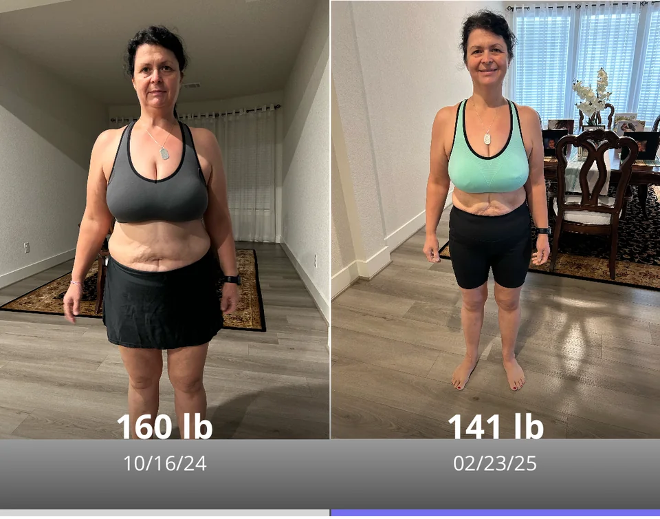Side-by-side progress photos labeled 160 lb on October 16, 2024 and 141 lb on February 23, 2025