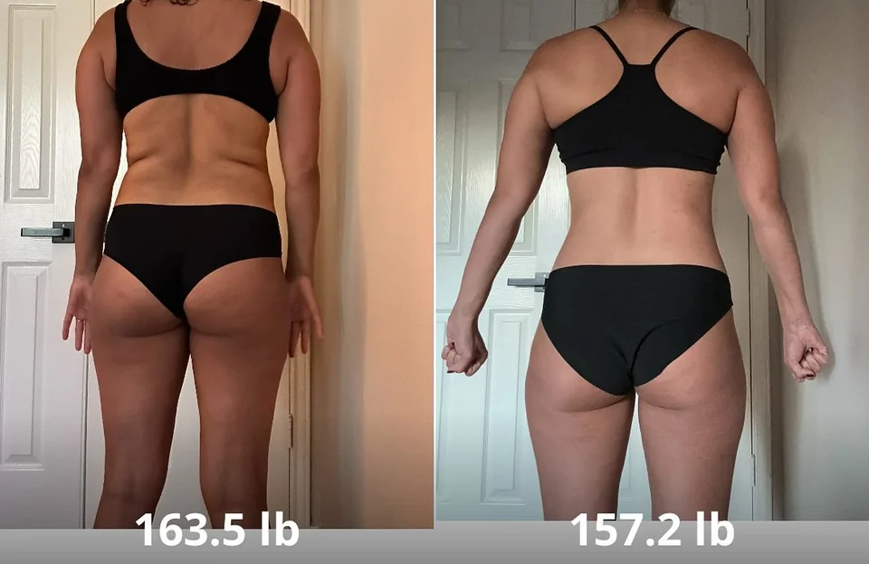 Side-by-side body composition progress photos labeled 163.5 lb and 157.2 lb
